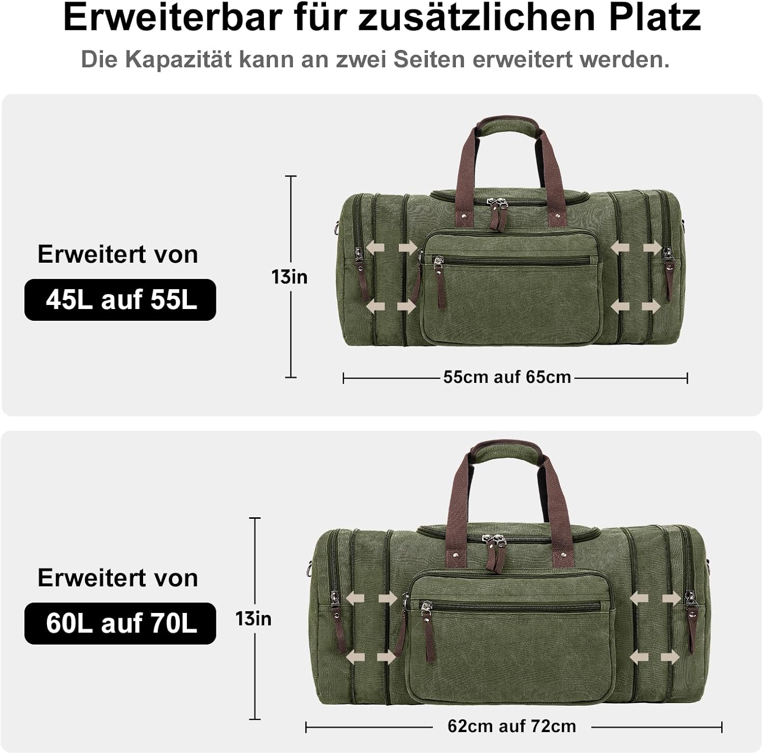 Thumbnail 3 de Erweiterbare Reisetasche 70L – große Sporttasche mit ausziehbarer Länge (Oliv)