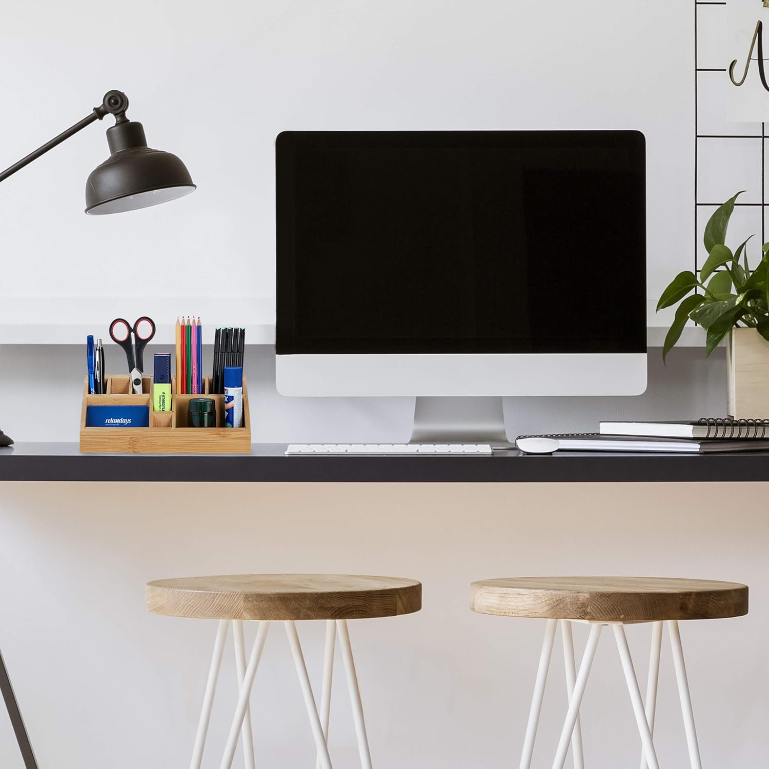 Detalle de Relaxdays Organiseur de Bureau – Porte-stylo en Bambou carré, 10 Compartiments, Design Moderne, 9,5 x 23 x 9 cm, Nature