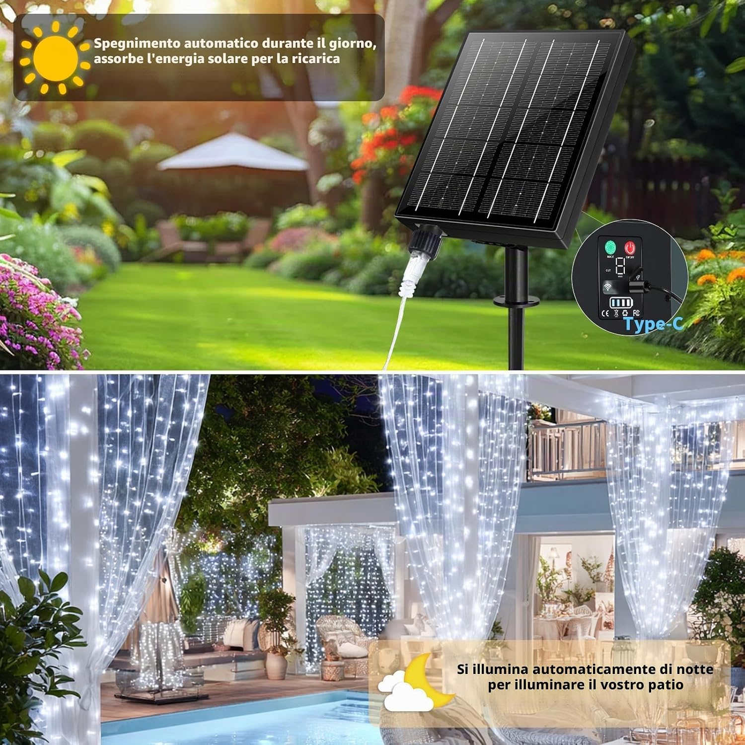 Detalle de GCMacau Ghirlanda di luci a energia solare 6x3 m, 600 LED IP65 con 8 modalità, memoria e timer