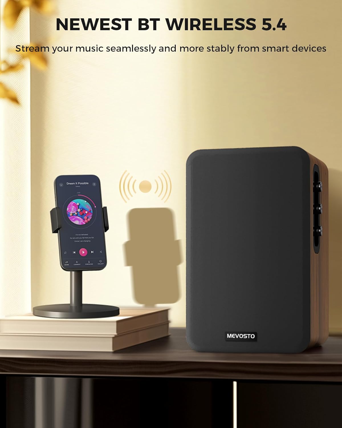 Detalle de MEVOSTO Active Bookshelf Speakers 36W RMS with BT 5.4 – Rich Stereo For PC, TV and Turntable