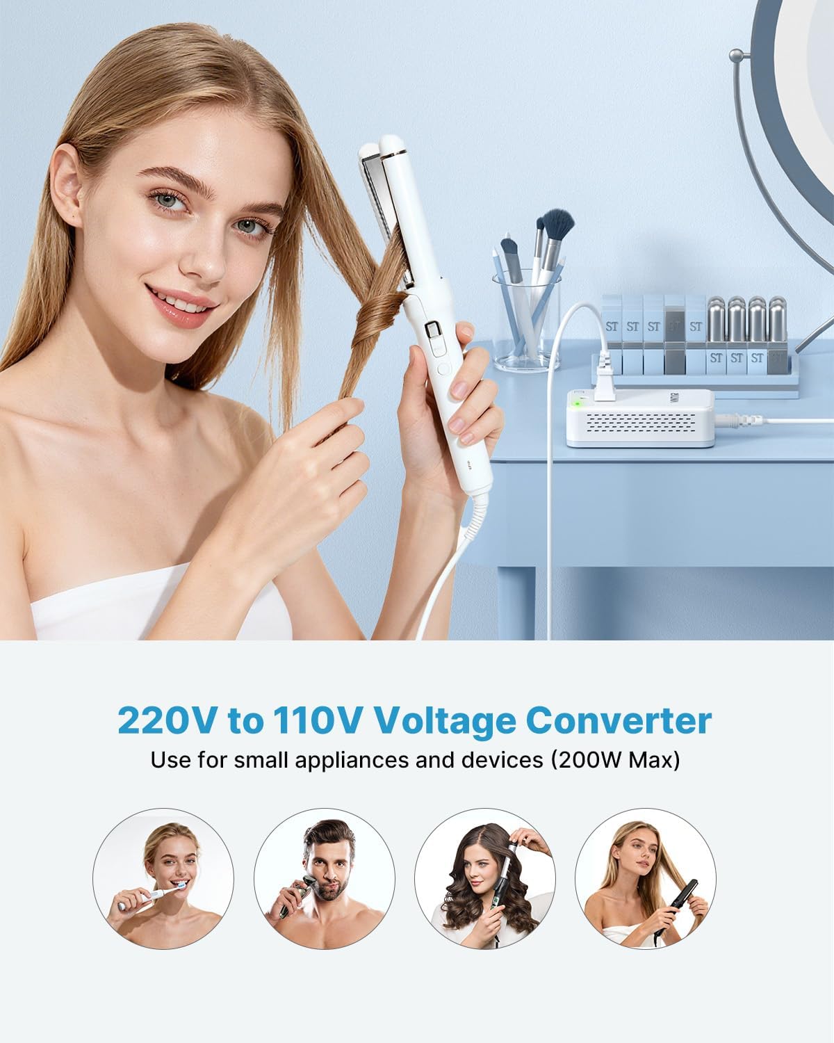 Detalle de VINTAR Mini 220V to 110V Travel Converter (200W) – 4-in-1 Universal Adapter