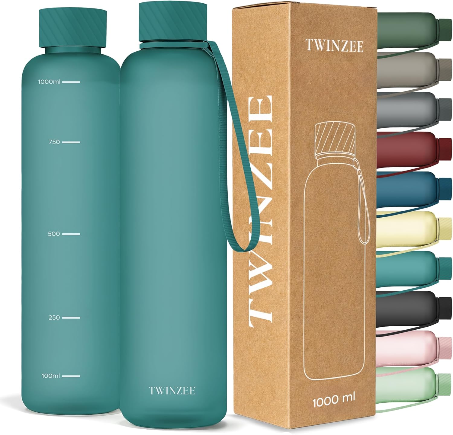 Twinzee Gourde 1L : gourde sportive anti-fuite en Tritan sans BPA, graduée et compatible lave-vaisselle – Vert Pétrole