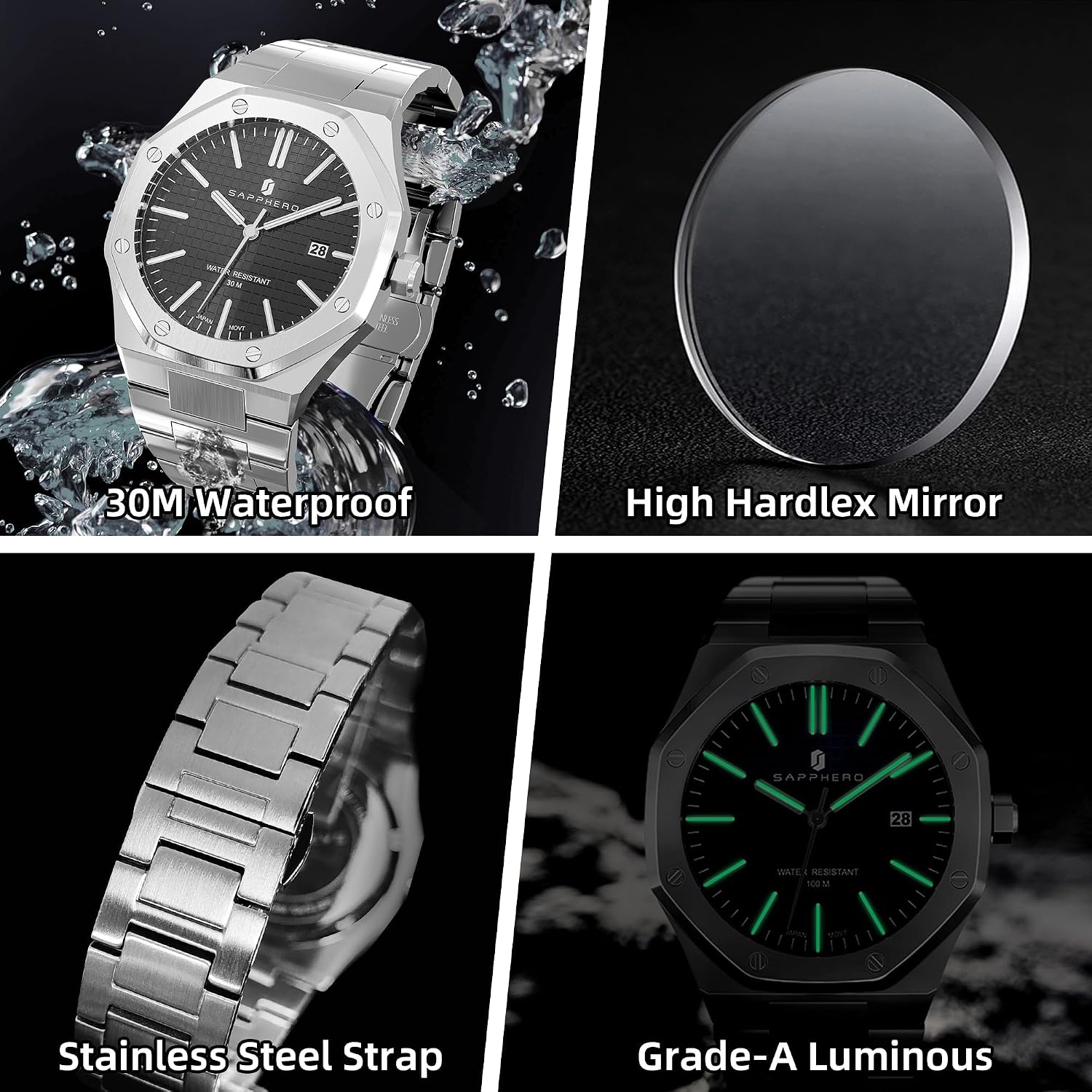 Detalle de SAPPHERO Montre Homme octogonale 10ATM en acier inoxydable à mouvement quartz japonais