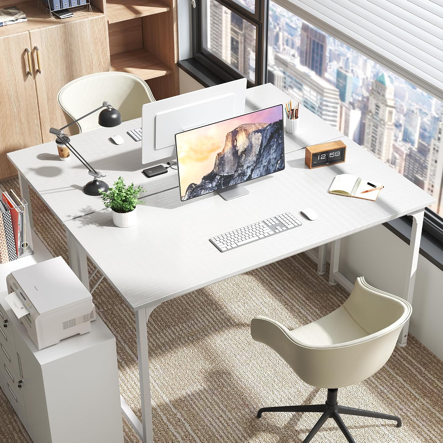 Detalle de Huuger 48-Inch Computer Desk, White, Metal Frame, Reinforced Support