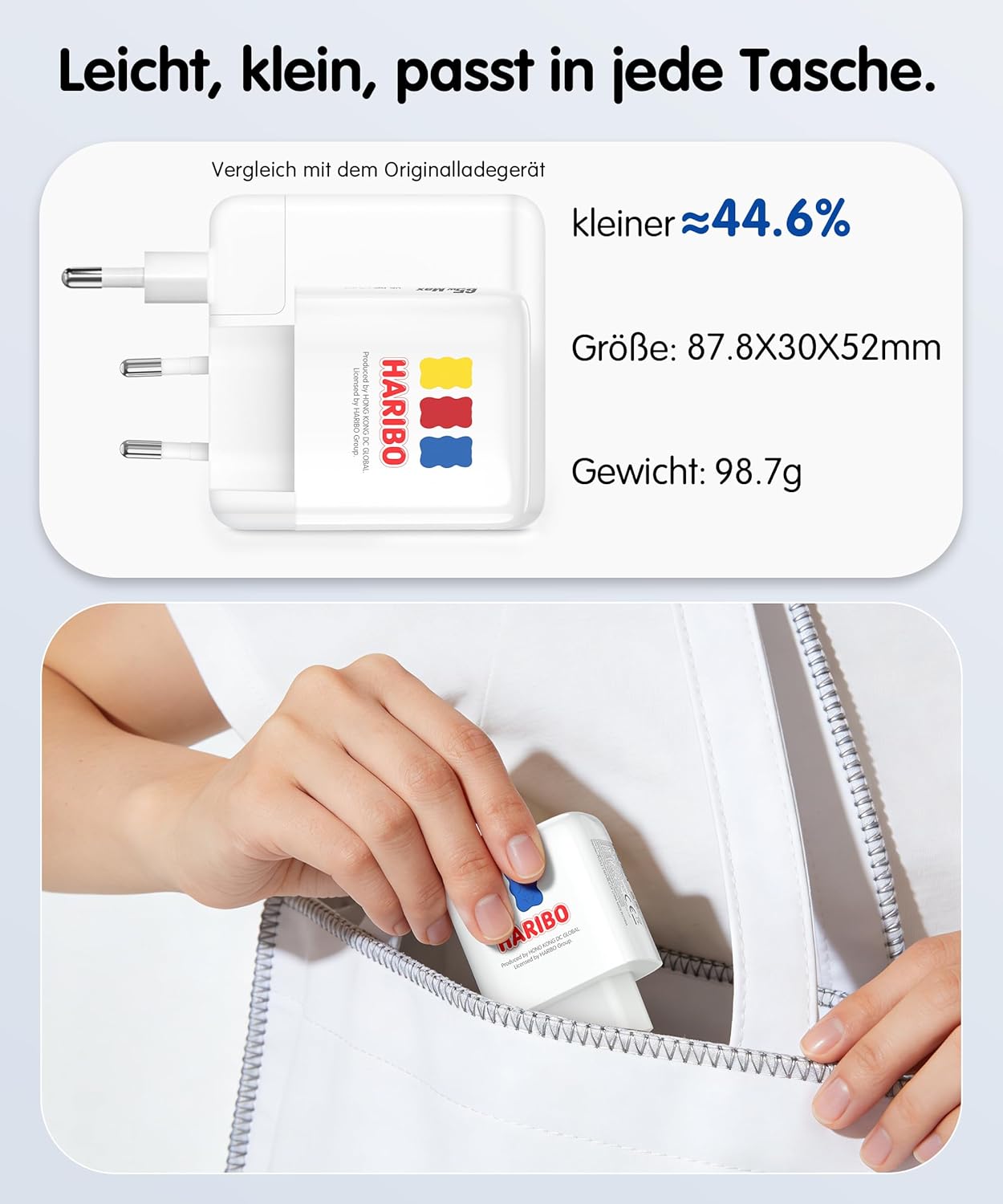 Detalle de HARIBO 65W USB-C Ladegerät mit drei Ports – GaN Schnellladegerät für MacBook, iPhone, Galaxy & mehr (blau)