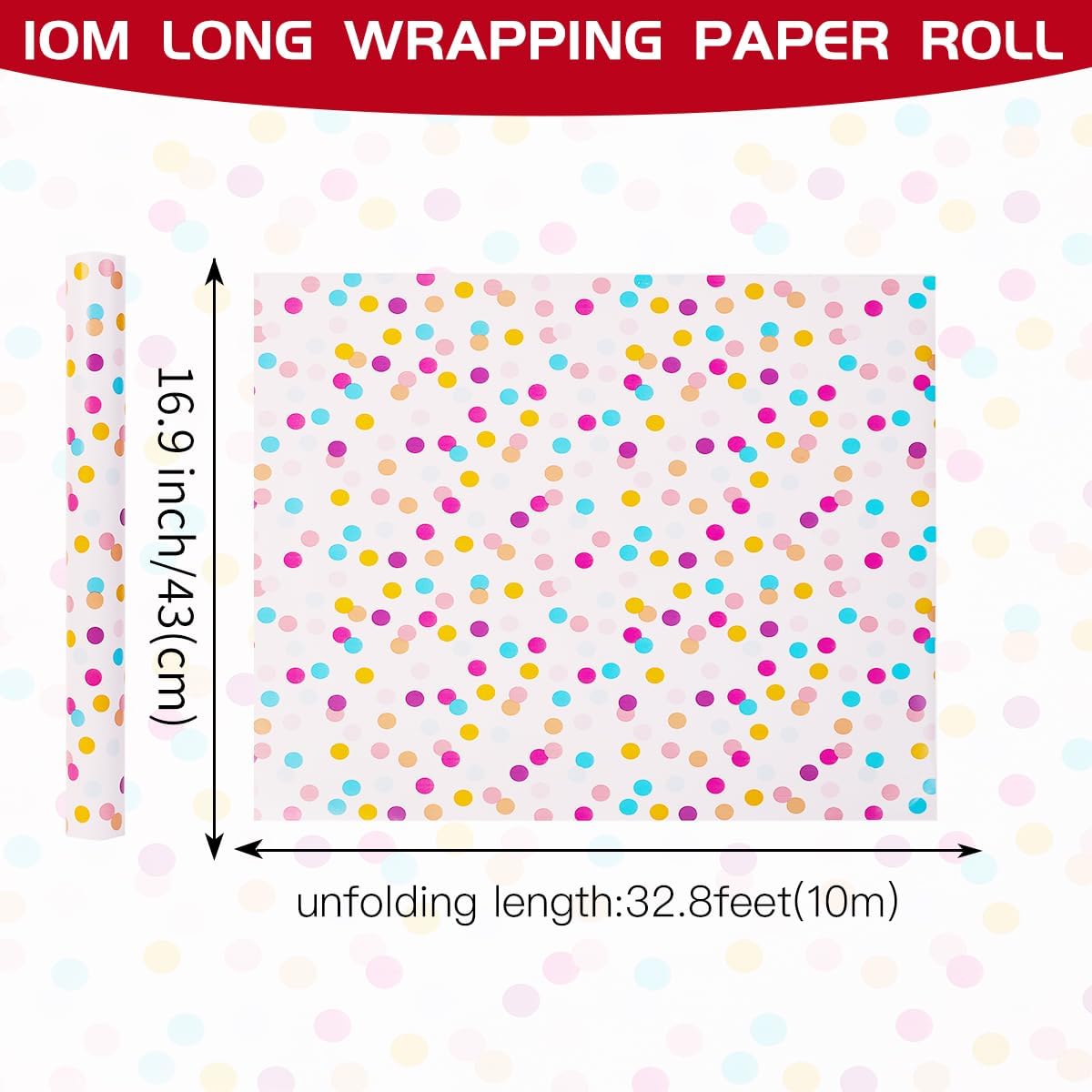 Detalle de Birthday Gift Wrapping Paper Roll – 43cm x 10m Colourful Dots