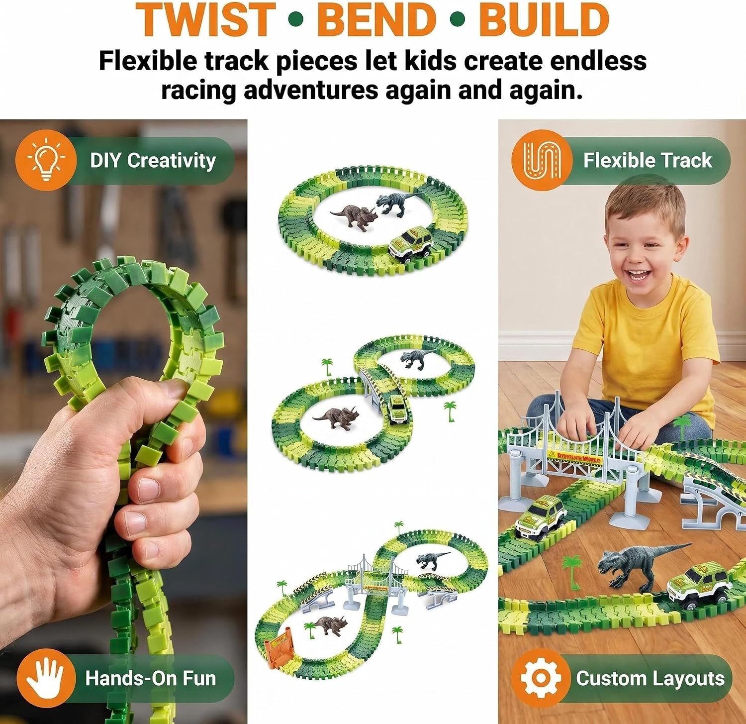 Detalle de Dinosaur Race Track Toys for Boys 3-5: Flexible Bridge Car Track Set with 2 Cars and Dinosaur Figures