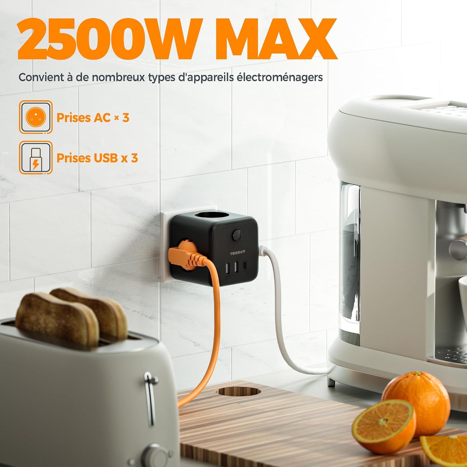 Detalle de TESSAN 6 en 1 Chargeur USB C 15W et Multiprise Murale 3 Sorties AC – Cube Noir