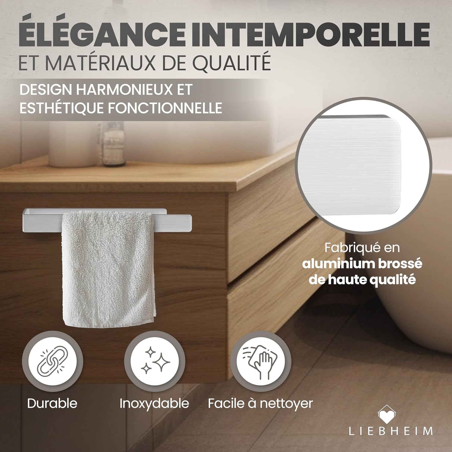 Detalle de LIEBHEIM porte-serviette mural sans perçage en aluminium brossé 40