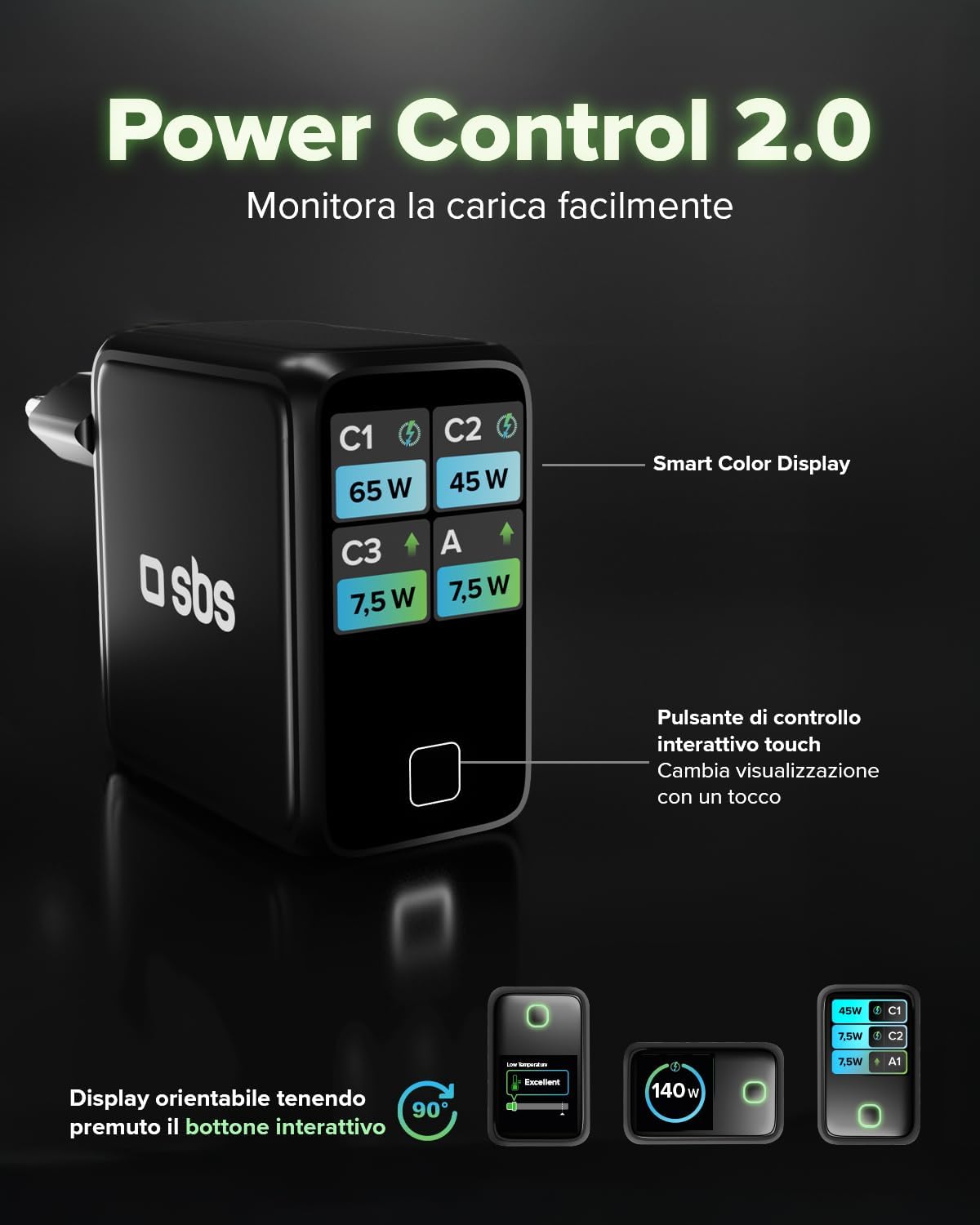 Detalle de SBS Pulse Power 140W USB-C: Caricatore GaN con 4 uscite e Display LCD per Notebook, Smartphone e Tablet