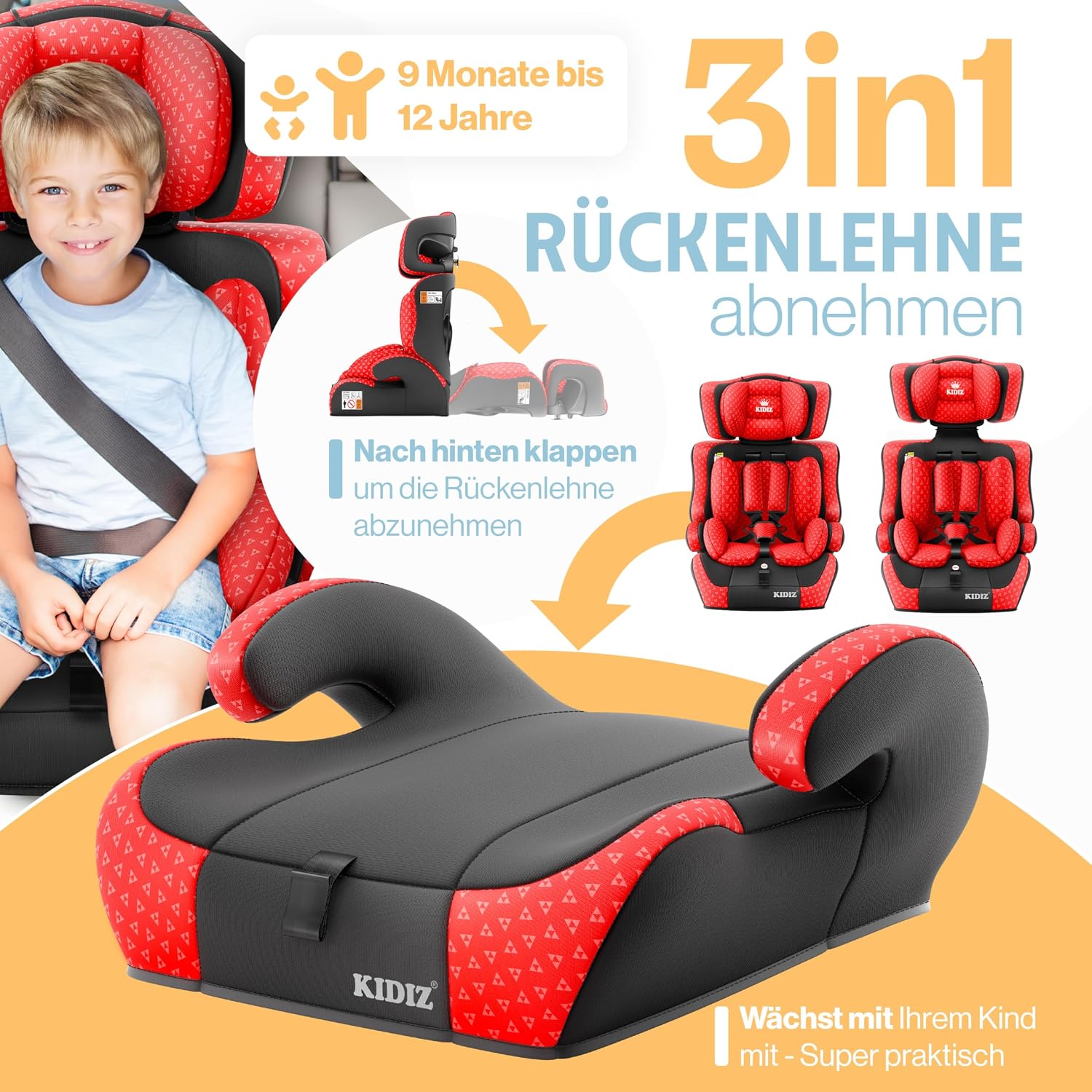 Thumbnail 2 de KIDIZ Autokindersitz i-Size R129 100–150 cm (bis 12 Jahre) – Kinderautositz Gruppe 1/2/3 ohne ISOFIX, mit 5-Punkt-Gurt und höhenverstellbarer Kopfstütze
