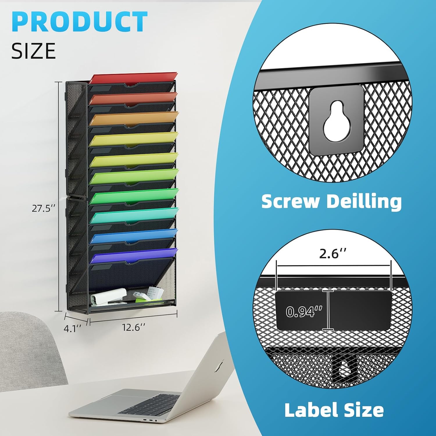 Detalle de Marbrasse 11 tier - Black Wall File Holder, Metal Mesh, Powder-Coated Finish