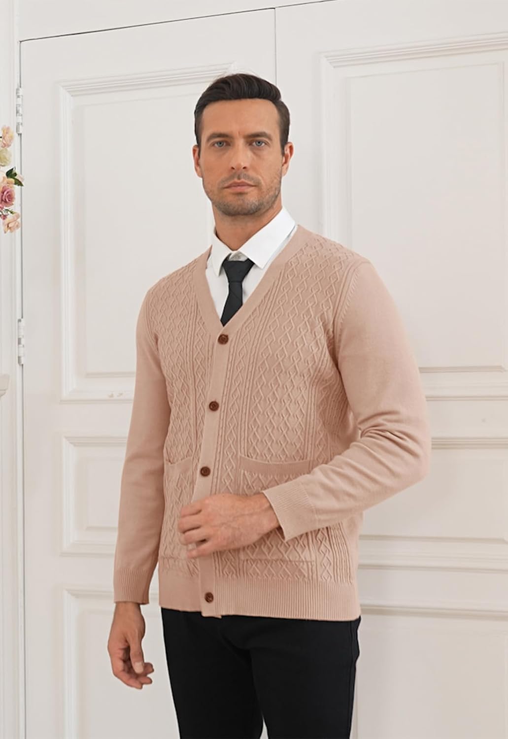 Detalle de PCEAIIH Men's Cardigan Sweater Knit Jumper with V-Neck, Shawl Collar, Pockets and Long Sleeves