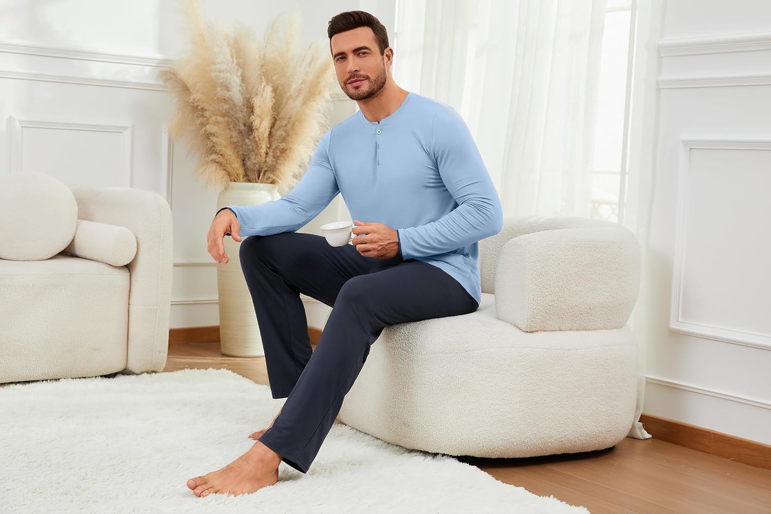 Detalle de Uniexcosm Pyjama Homme Hiver en Coton — Ensemble 2 pièces à boutons