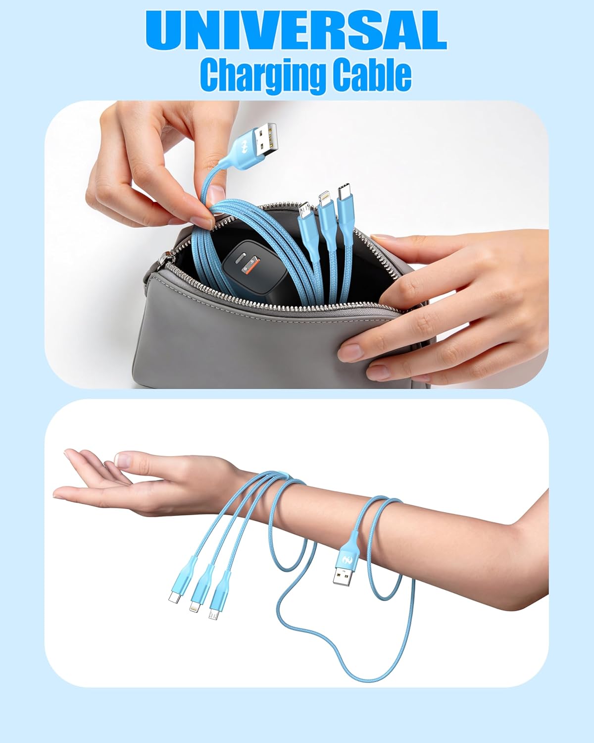 Thumbnail 4 de ShSiXin 3 in 1 Multi Charging Cable (2-Pack, 4ft, Blue) for USB-C, Micro, and Lightning