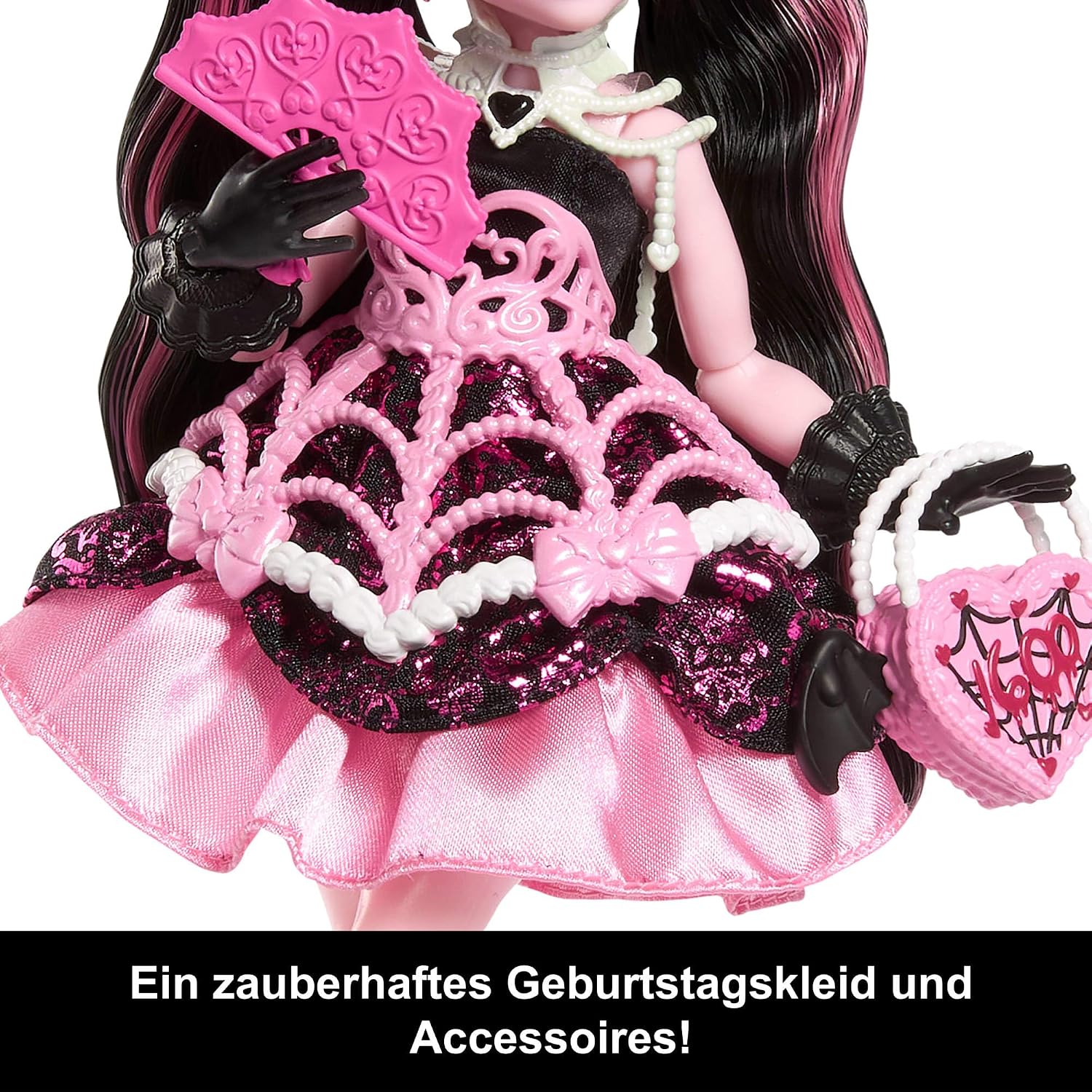 Detalle de Monster High Scary Sweet Birthday-Puppe – Draculaura im rosa Partykleid mit Zubehör JBG74