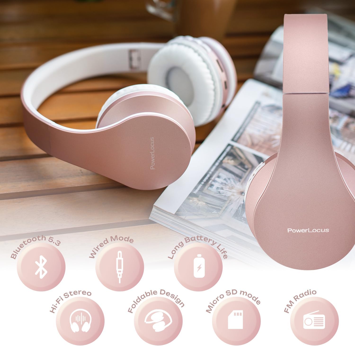 Thumbnail 4 de PowerLocus Wireless Bluetooth Over-Ear Headphones (Rose Gold) – Foldable, Noise Cancelling with Built‑in Microphone