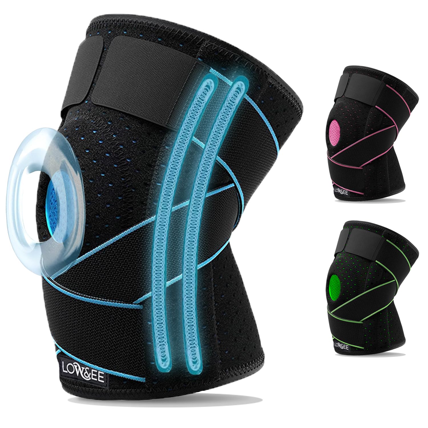 Detalle de LOW&EE Tutore Ginocchio con Stabilizzatori Laterali e Gel Pad – Ginocchiera ortopedica in neoprene, taglia unica