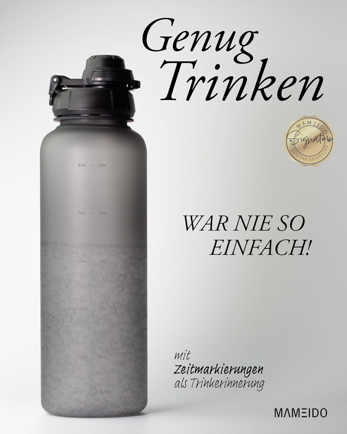 Detalle 2 de MAMEIDO Trinkflasche 1,5 l mit Strohhalm, Zeitmarkierung und 2-in-1 Deckel – BPA-frei, Tritan