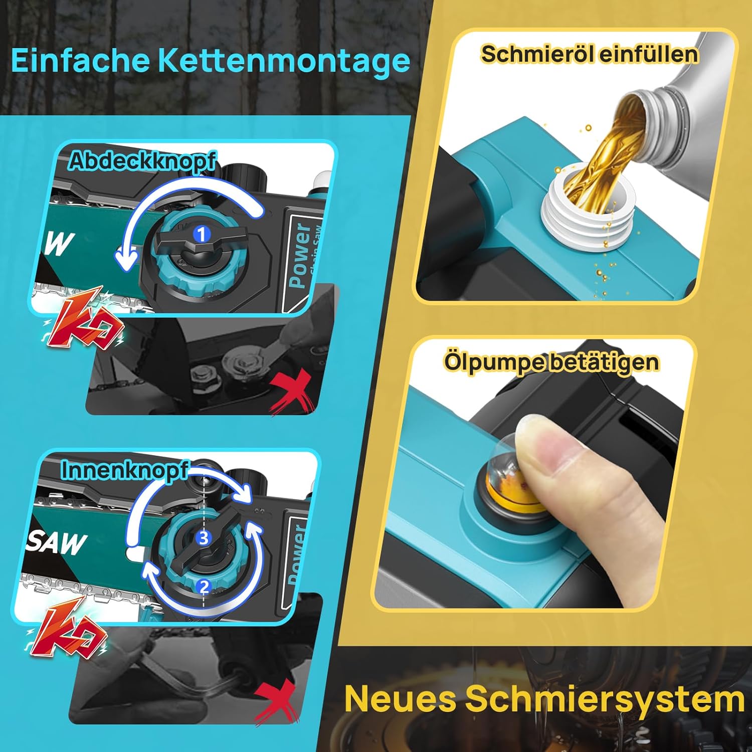 Detalle de VIWKO Mini Akku-Kettensäge 8000mAh | Bürstenlos, 6 Zoll, Auto Öler – kompatibel mit Makita 18V