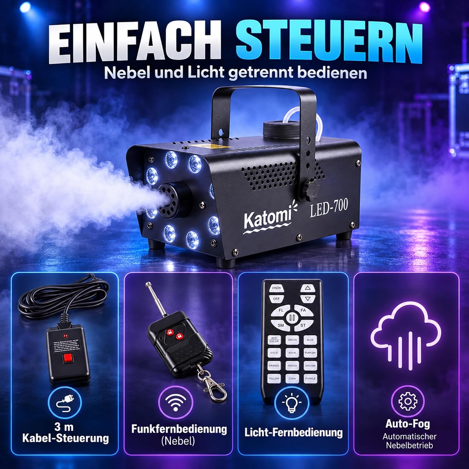 Detalle 2 de Katomi Nebelmaschine 500W mit 8 RGB LEDs – Mini-Fogmaschine mit 3 m Kabel-Fußschalter & Funkfernbedienungen