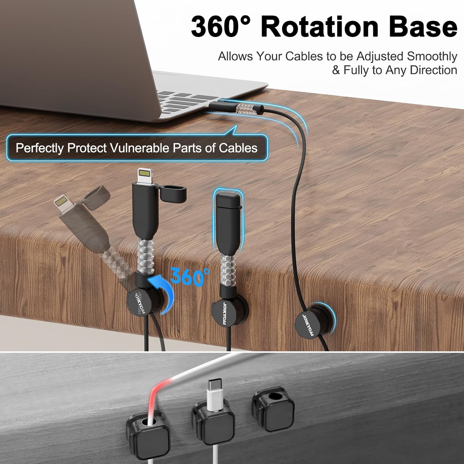 Thumbnail 1 de Cable Clips, Cord Organizer with 360° Swivel and Cable Protector – Self-Return Desk Clip for Type-C & Lightning Cables, Black