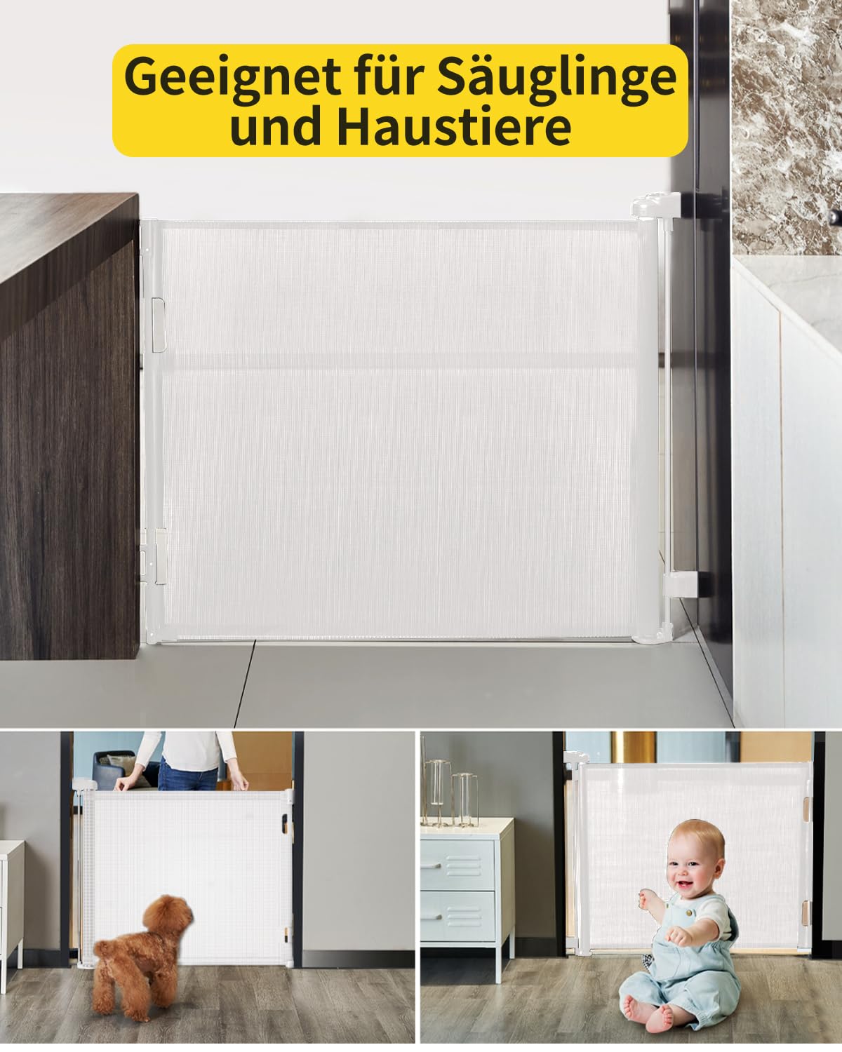 Thumbnail 5 de Retraktierbares Sicherheitsgitter für Babys & Haustiere – extra breit & hoch, 0–180 cm, für Türen & Treppen (weiß)