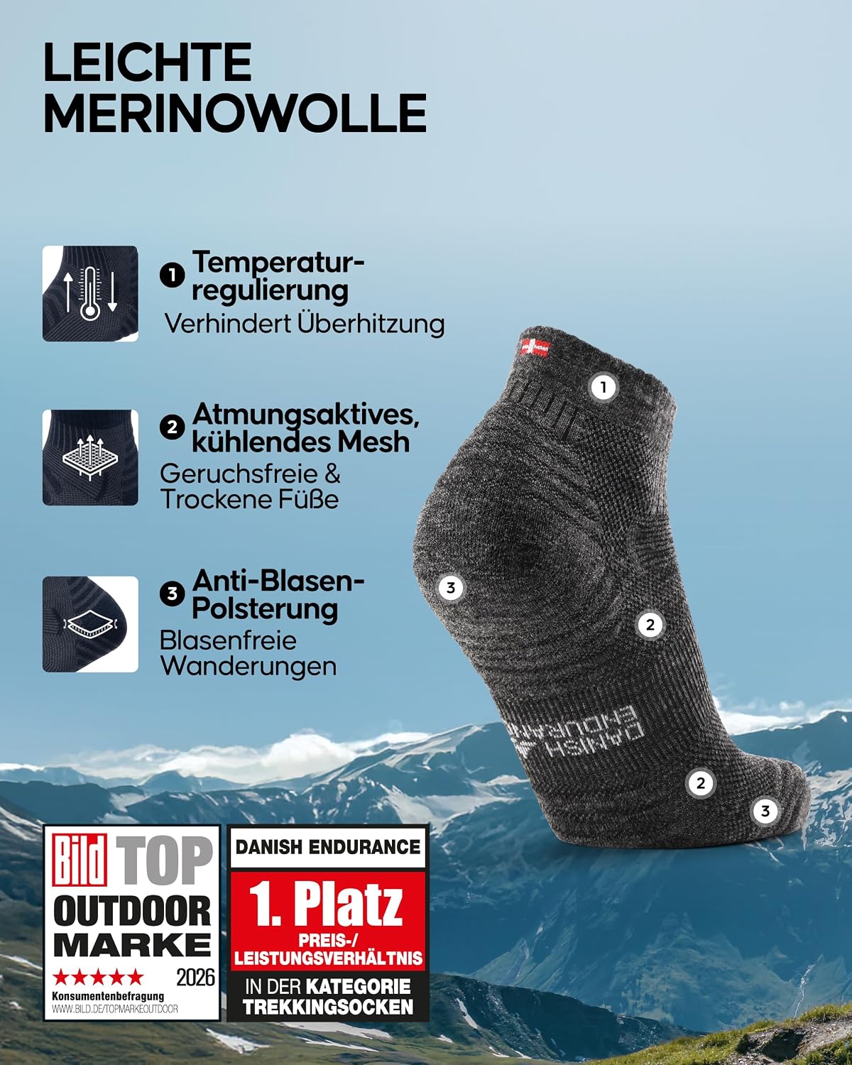 Detalle de DANISH ENDURANCE Kurze Merinowolle Wandersocken – 3 Paar