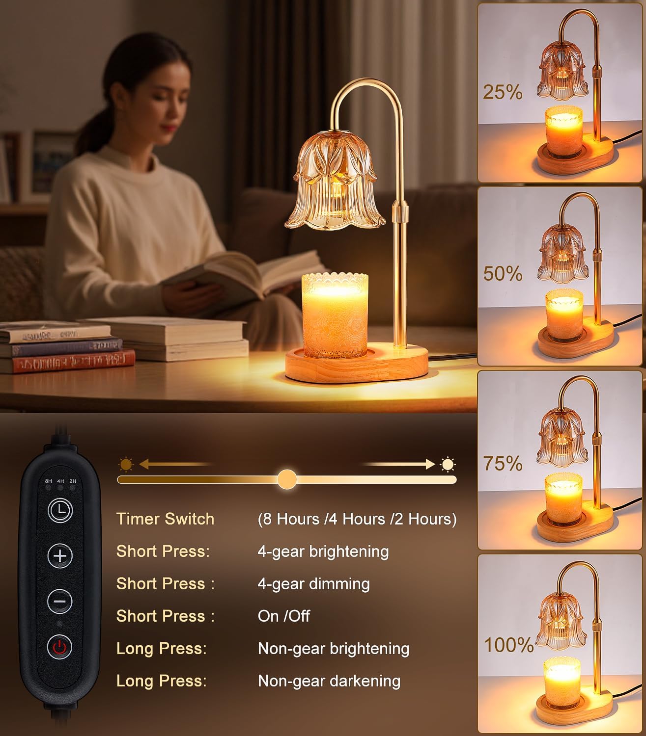 Detalle de Pfxud SY-RLD03 Candle Warmer Lamp with Flower Glass Shade, Adjustable Height and Timer