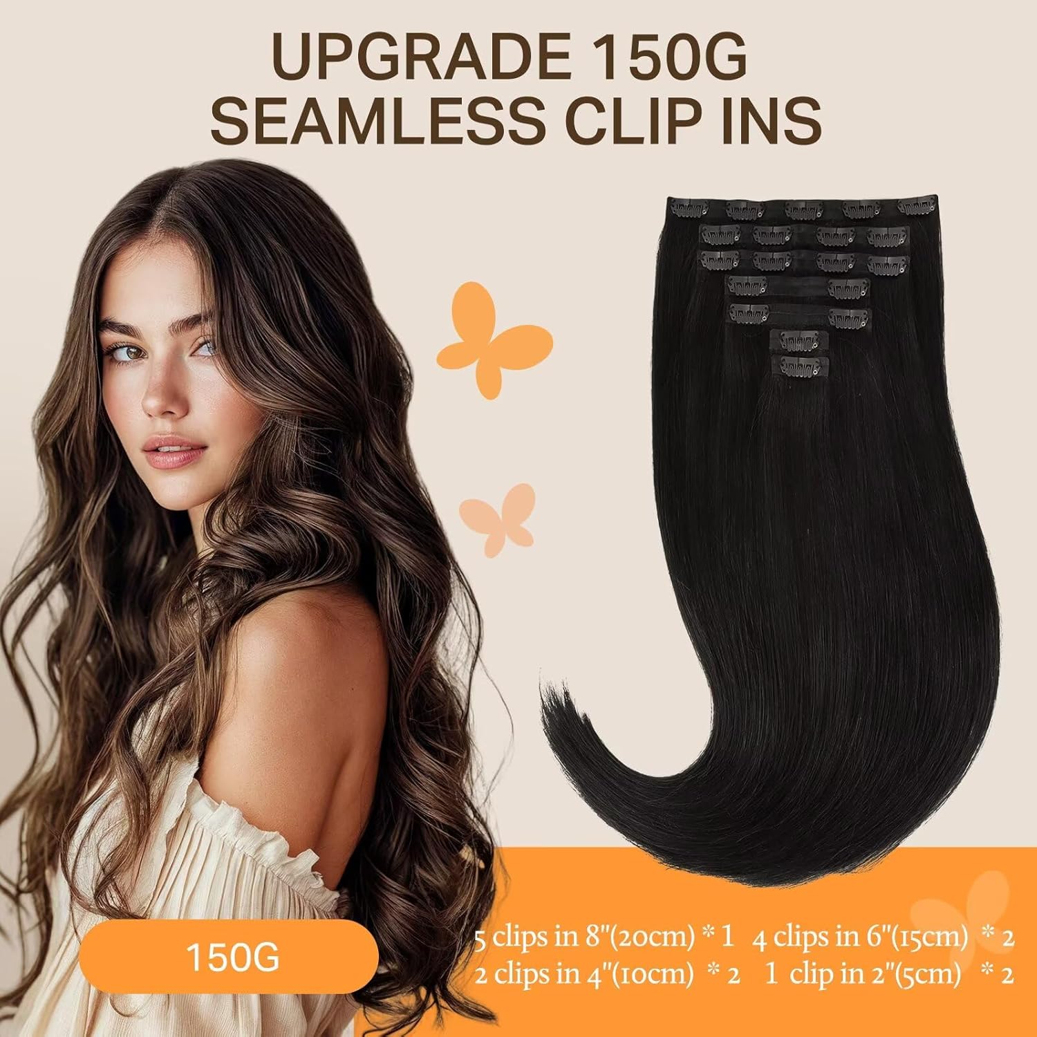 Thumbnail 1 de DOORES Clip in Hair Extensions - Natural Black, 130g, 7pcs, 18 Inch | Remy Seamless Clip-ins with Invisi Edge