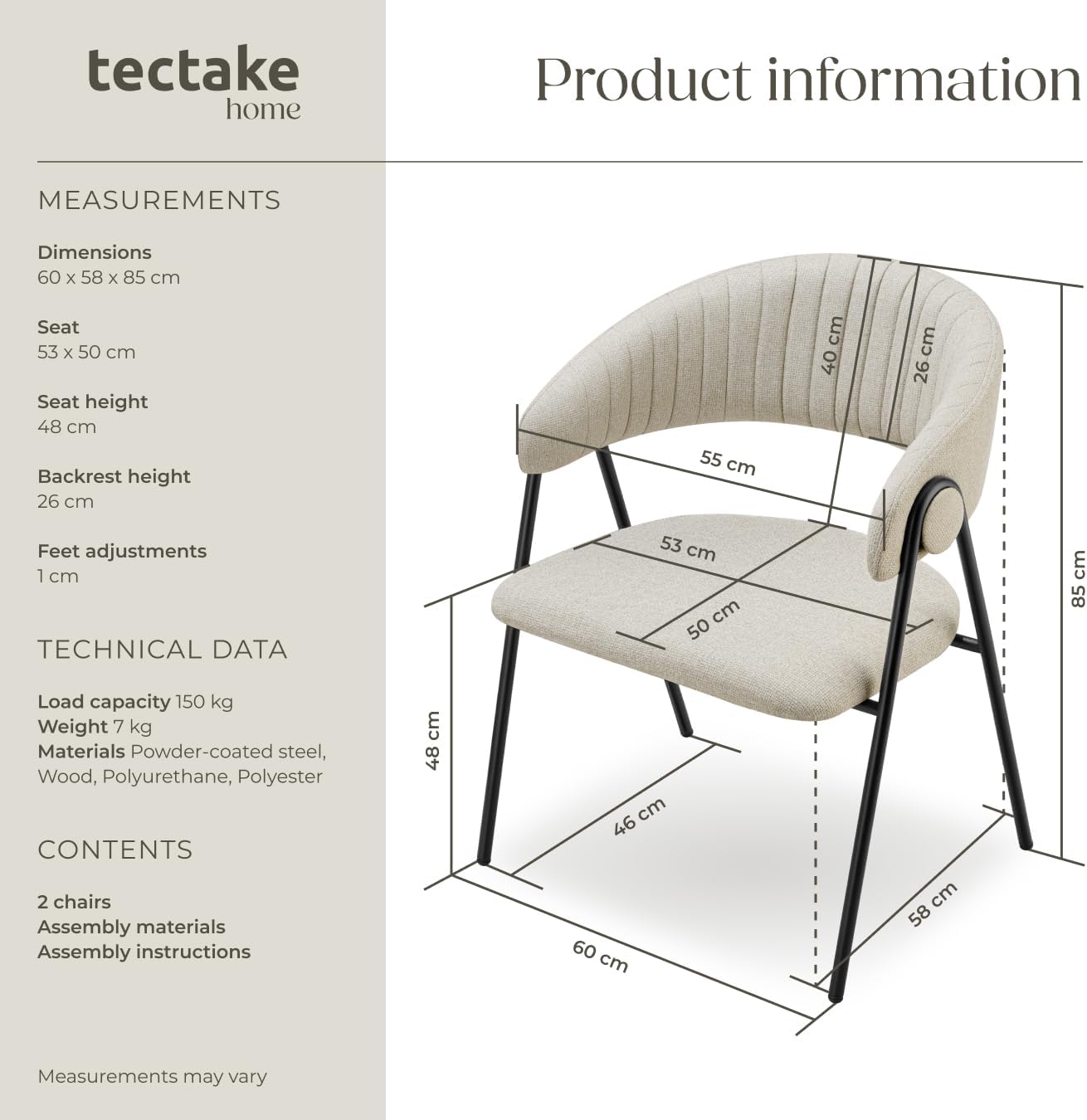 Detalle de tectake Bedano 405509 fåtöljstolar, 2-pack med armstöd och C-format ryggstöd