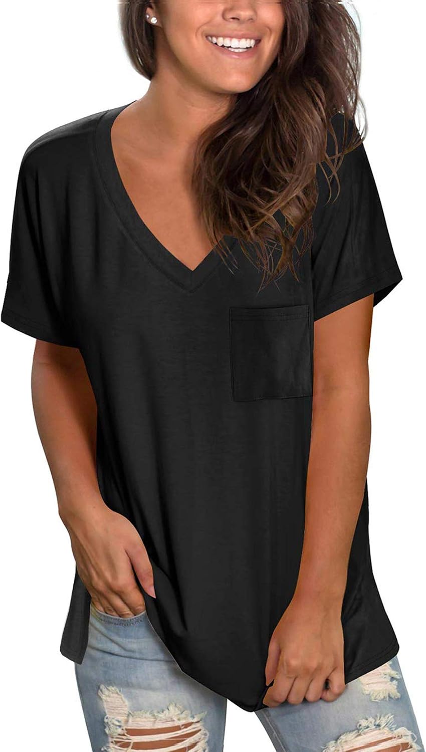 Detalle de MOLERANI Womens Short Sleeve V-Neck Loose Summer Tee with Pocket