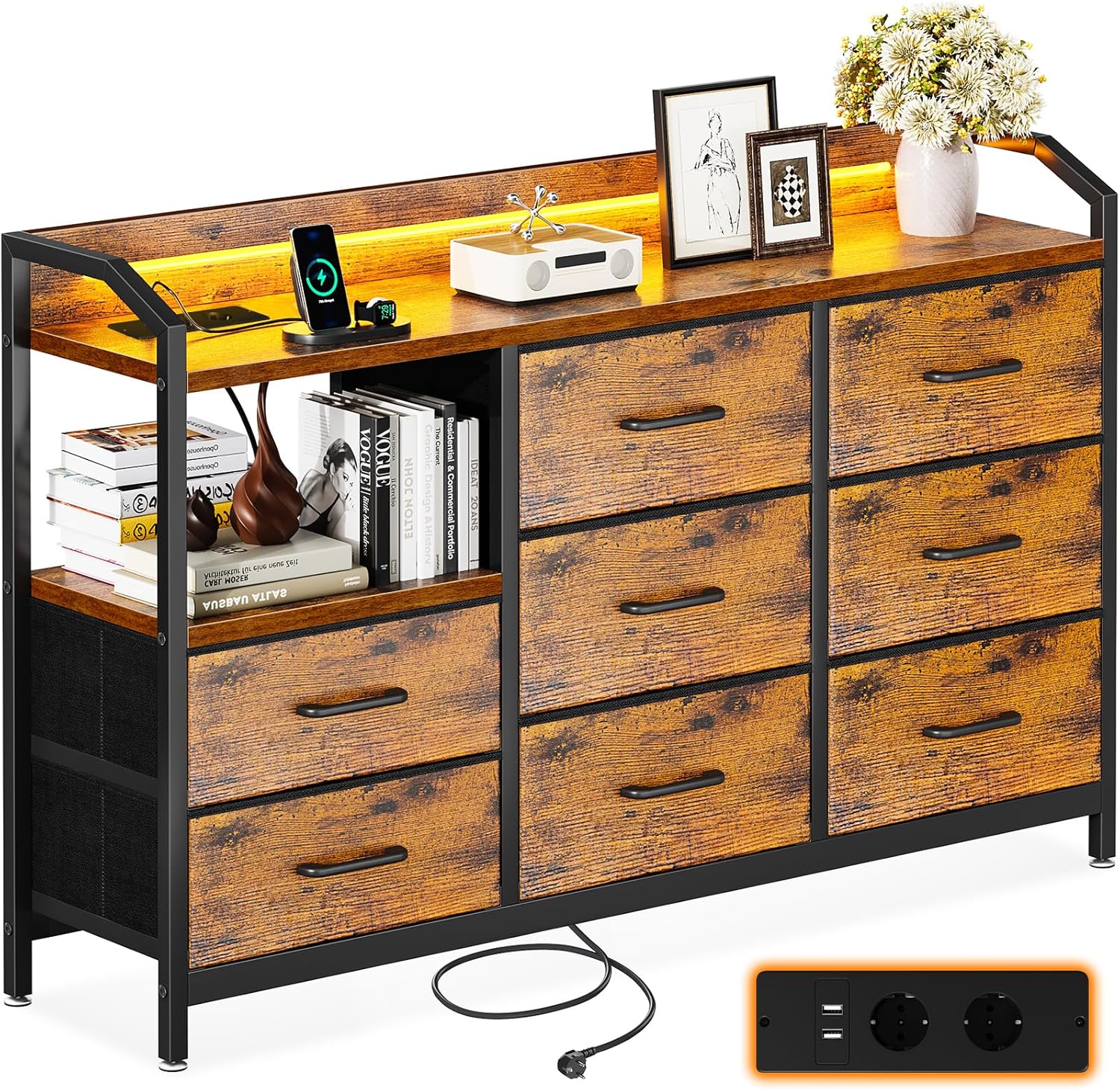 Detalle de ODK Cassettiera Camera da Letto con Striscia LED, 8 Cassetti in Tessuto e USB/CA – Vintage