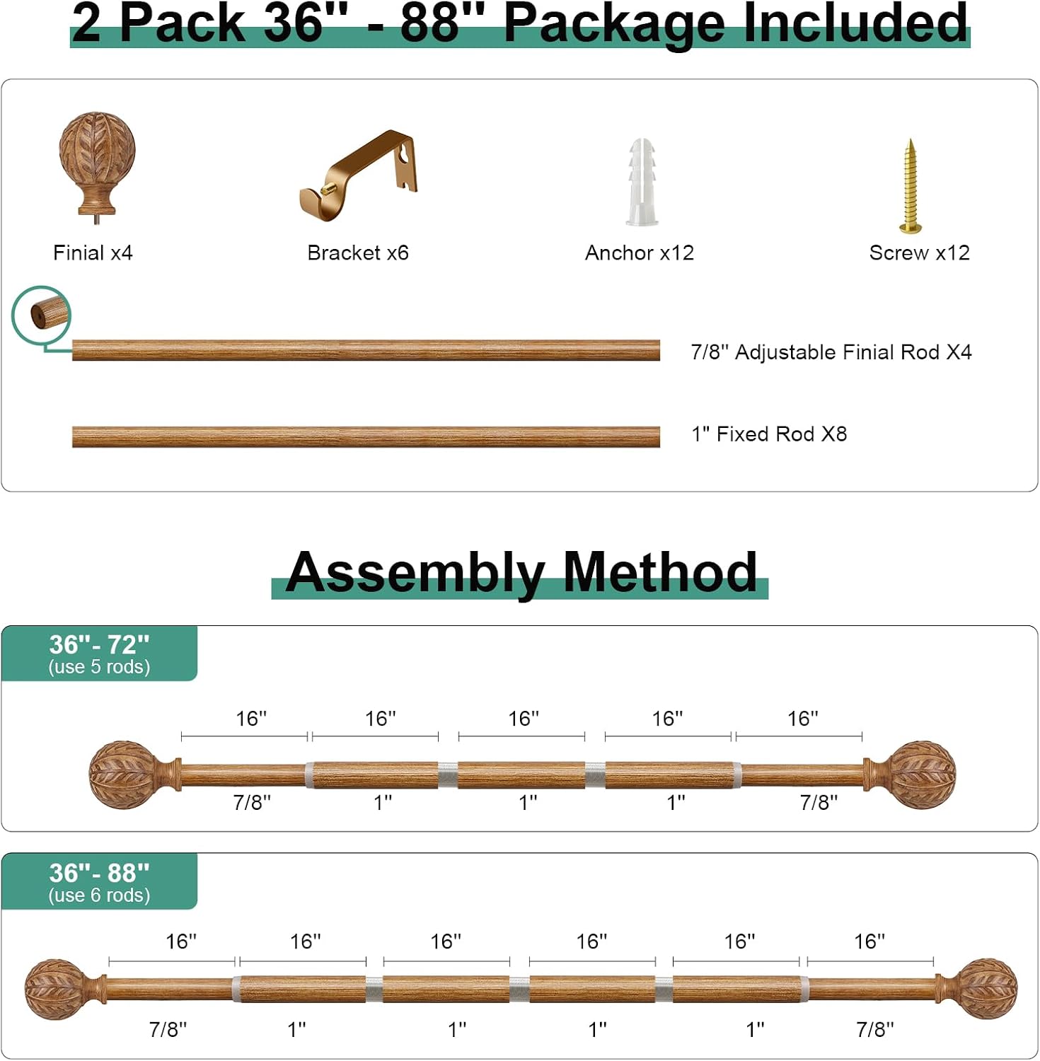 Thumbnail 6 de QDWIS CA-QD-01-WD-36-88-2Pack Curtain Rods with Wood-Grain Finish and Leaf Finials
