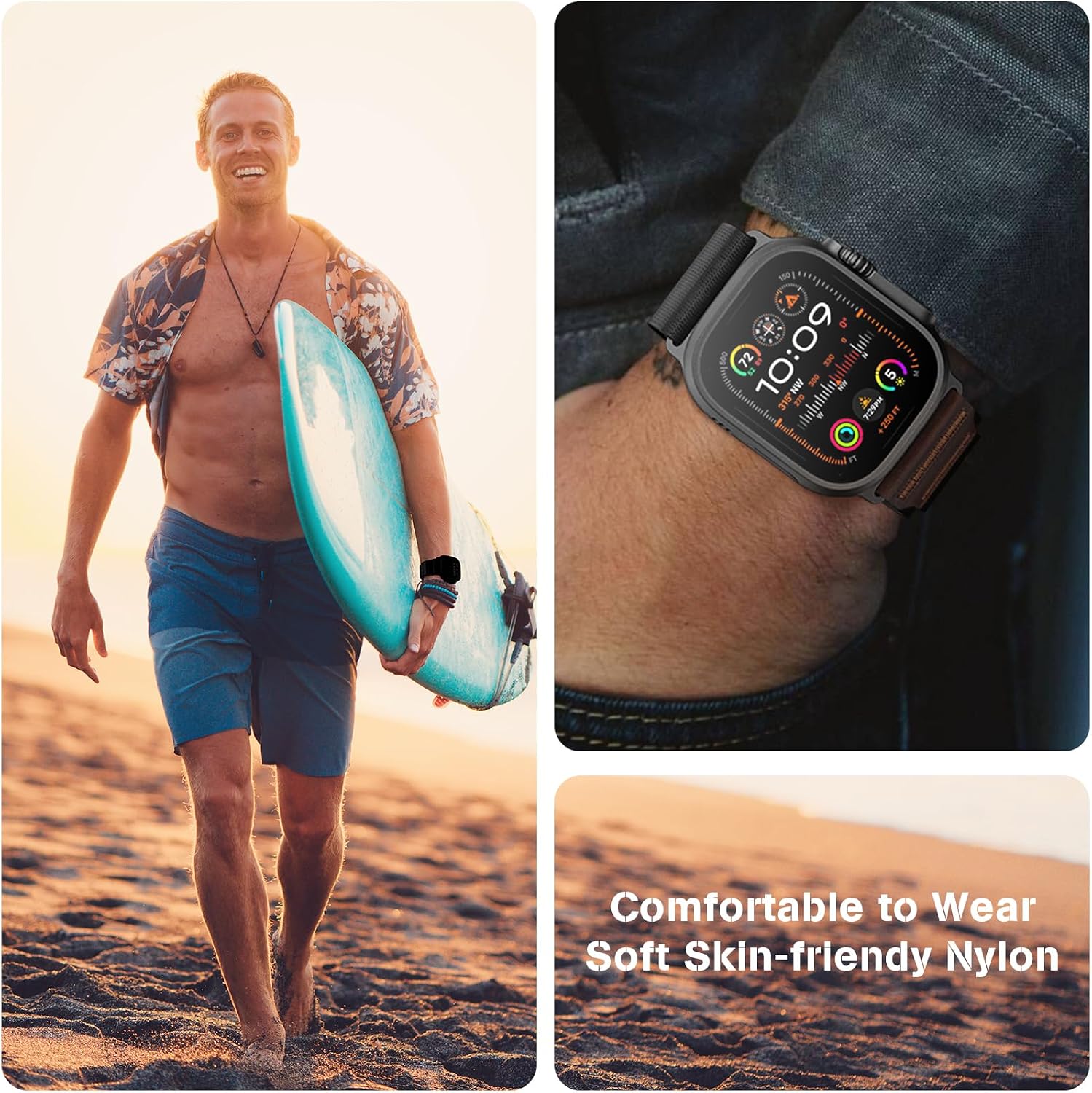 Detalle de MRAIN-H Alpine Loop with Leather Design for Apple Watch (Ultra 3 2, Series 11–4, SE) — Soft Stretchy Nylon Sport Band