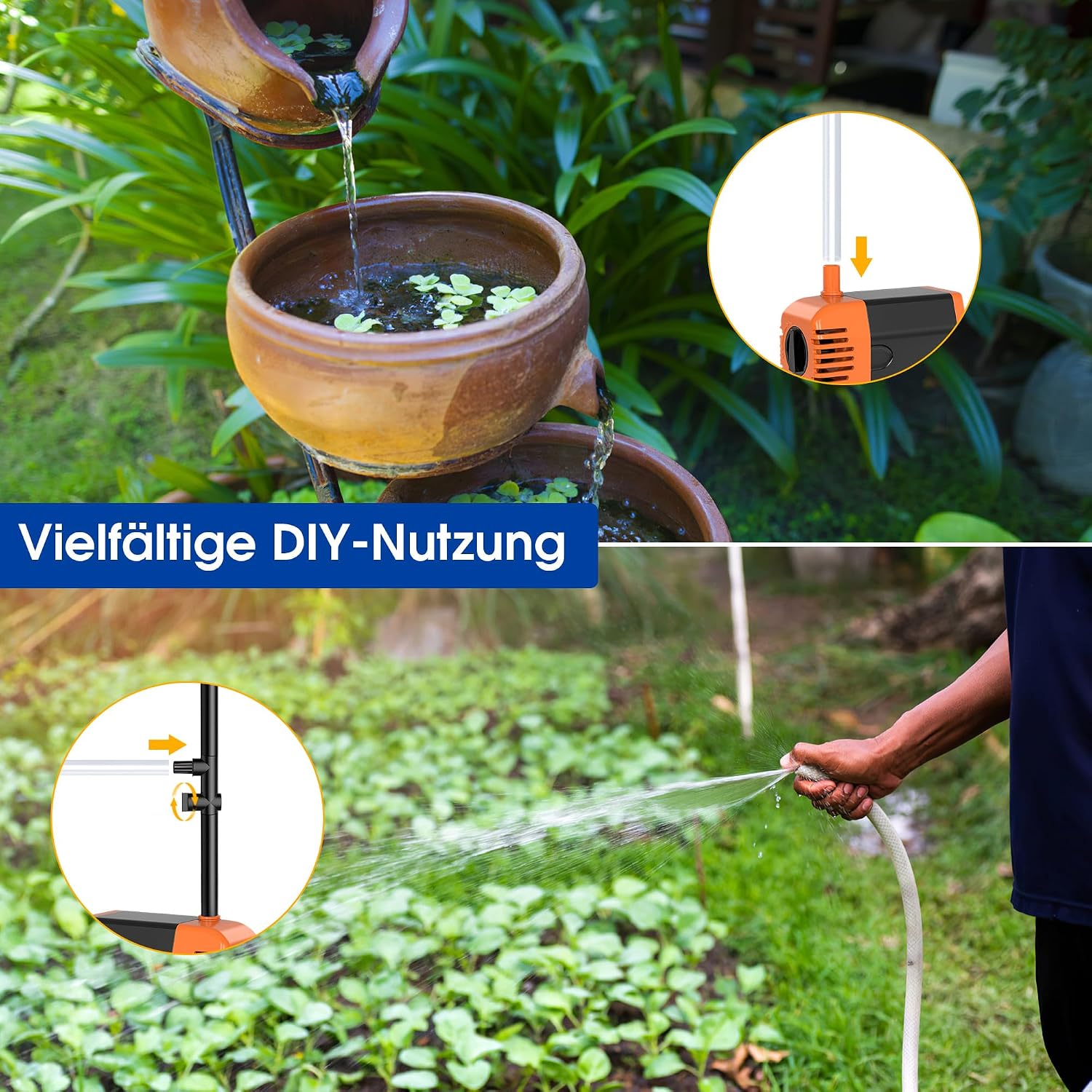 Detalle de Biling 25W Solarbrunnen für draußen mit 4 Düsen – 1200 L/H, 2 m Schlauch, 5 m Kabel
