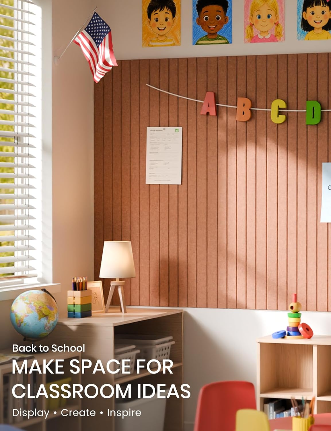 Detalle de Fluxynara Boho Fine-Stripe Felt Bulletin Board Tiles, 6-Pack with Pushpins