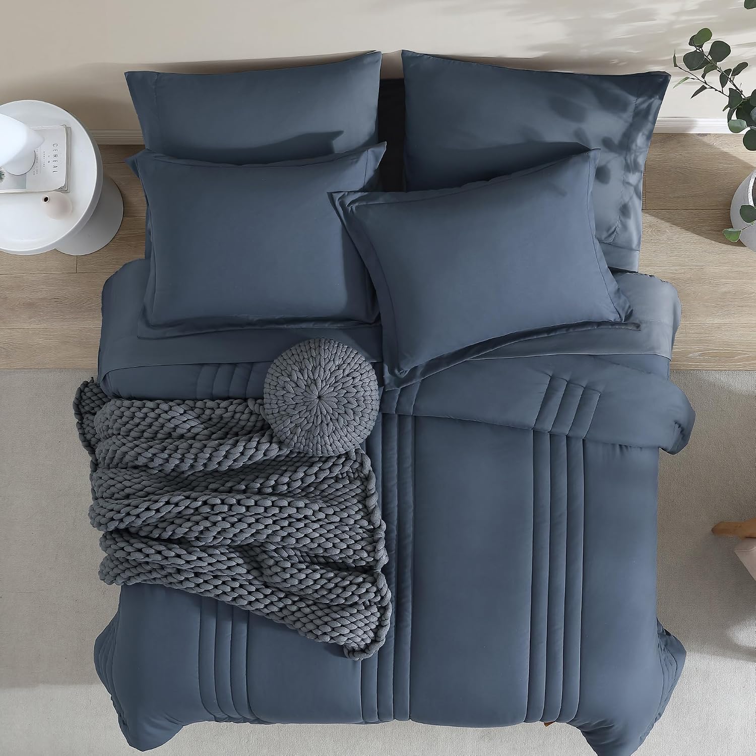 Detalle 1 de Monbix Solid Comforter-001 Full Comforter Set, 7-Piece Blue Grey Polyester