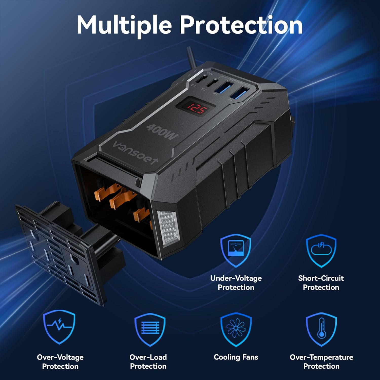 Thumbnail 3 de 400W Car Power Inverter (DC 12V to 110V AC) with 30W/15W USB-C, 2 USB-A & 2 AC Outlets