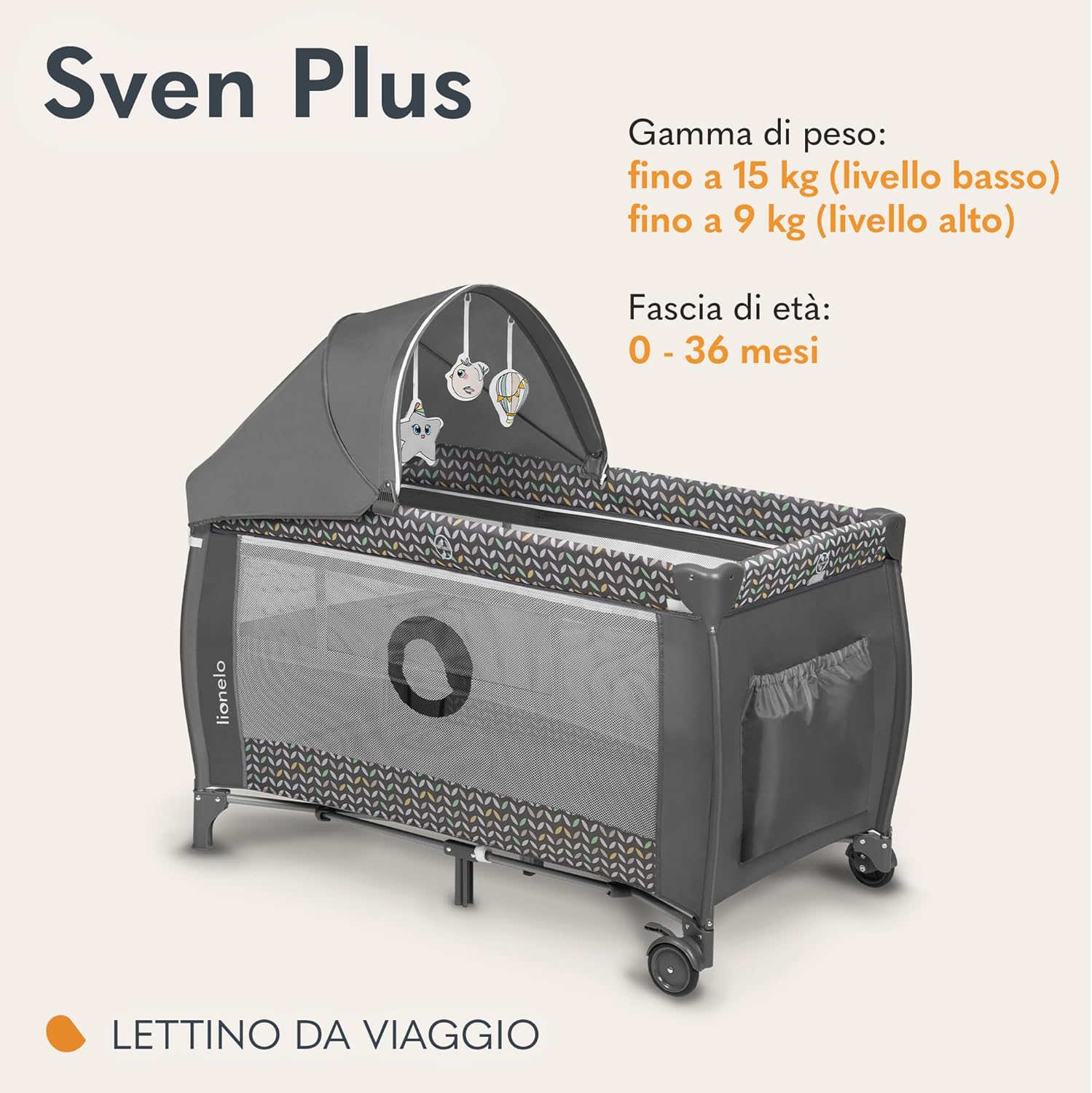 Thumbnail 1 de LIONELO Lettino da Viaggio SVEN con Materasso – Lettino pieghevole 2 livelli, fasciatoio, baldacchino e accessori per 0–36 mesi