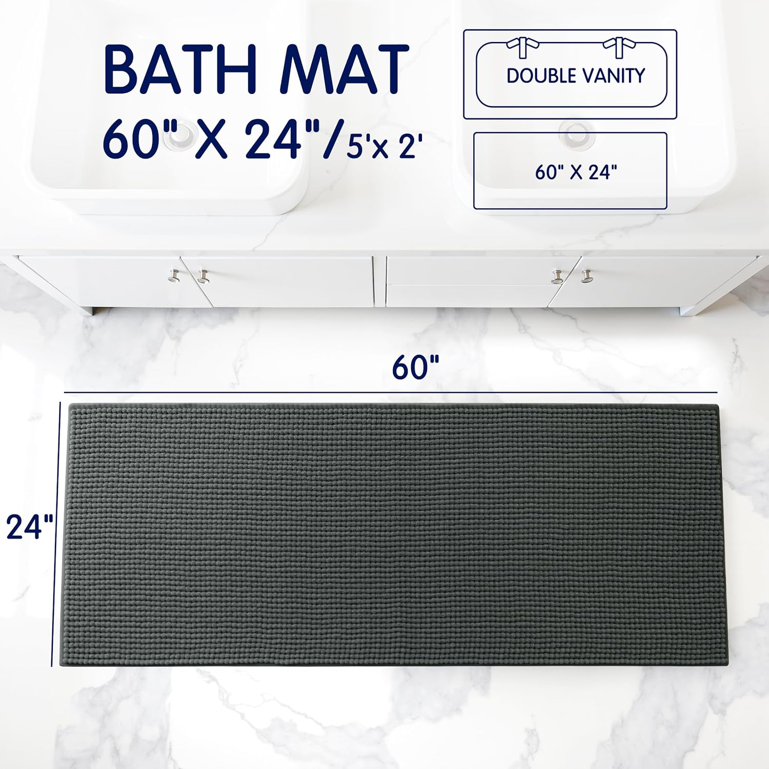 Thumbnail 1 de SUBRTEX 24" x 60" Chenille Bath Rug: Soft, Highly Absorbent, and Machine Washable in Gray