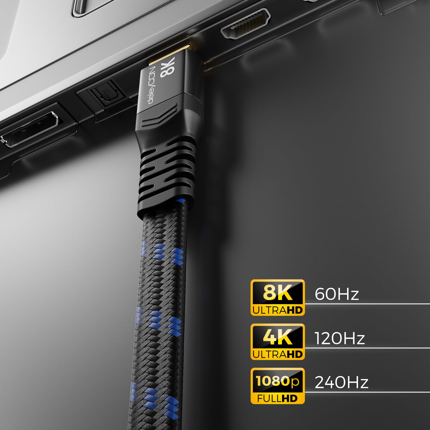 Detalle 2 de deleyCON 3,0 m Flaches HDMI 2.1 Kabel – 8K/4K Gaming-Kabel für TV, Monitor, PS4/PS5, Xbox, Dolby Atmos & ARC/eARC