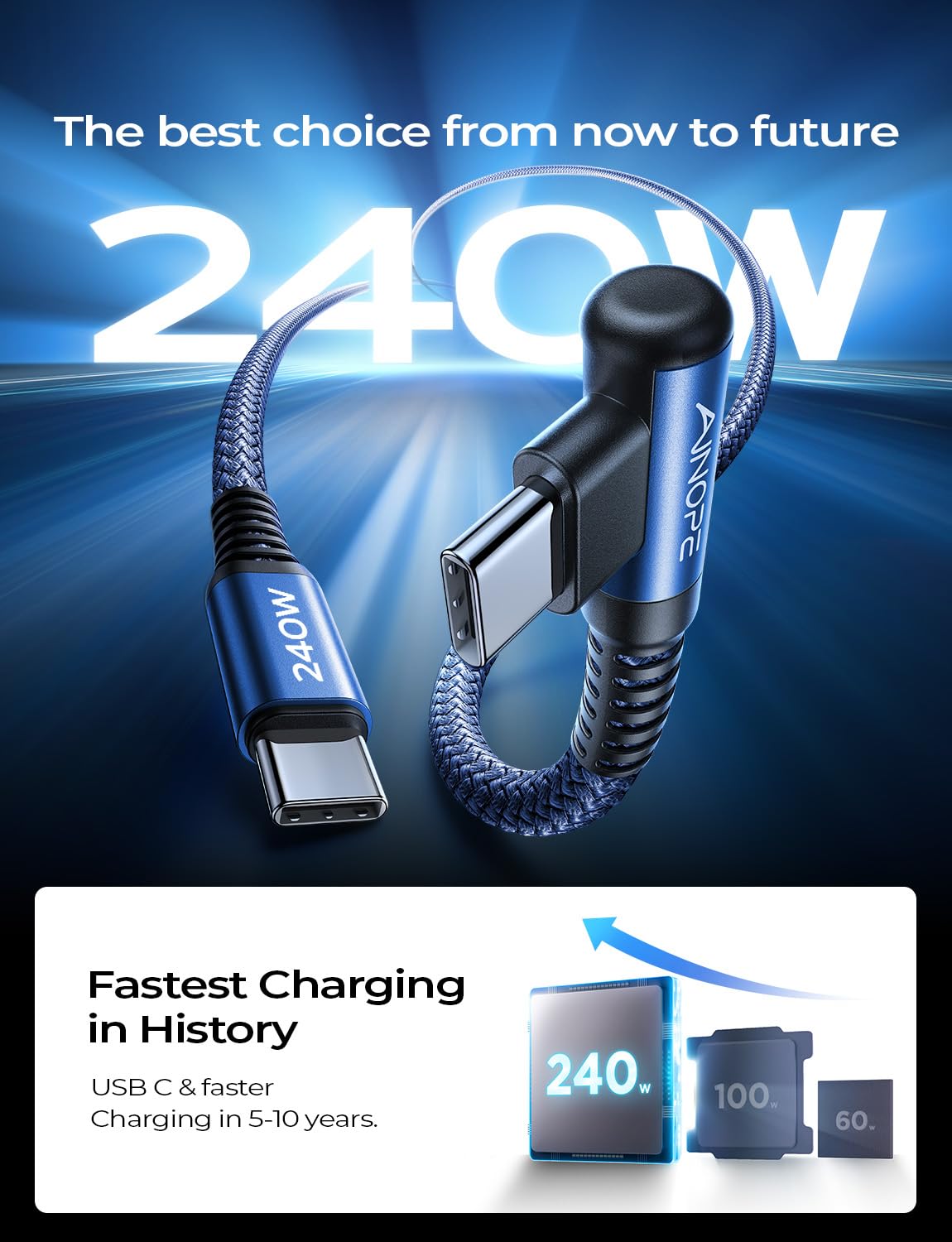 Detalle 2 de AINOPE 240W USB-C Cable, 10 ft Right-Angle Nylon-Braided