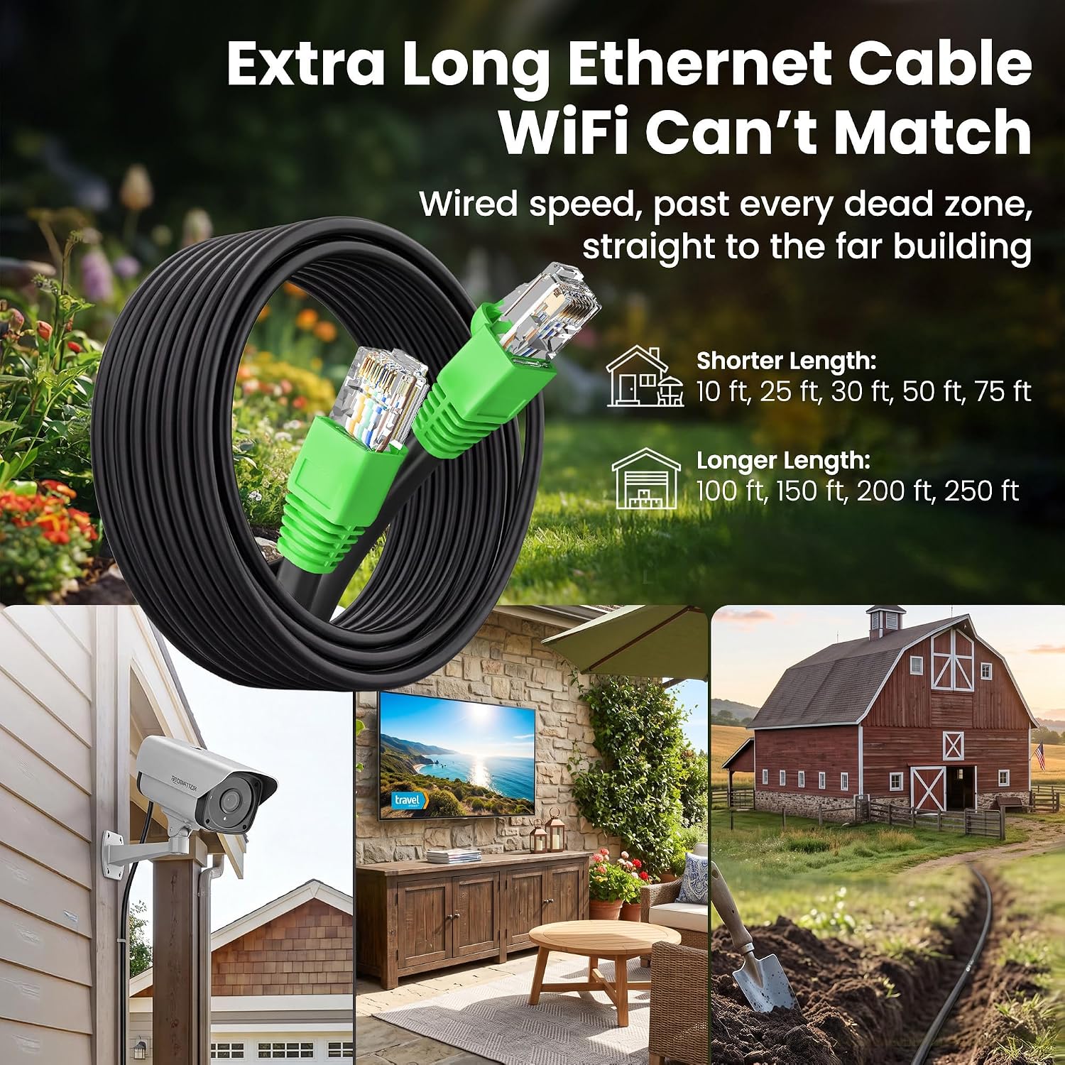 Detalle de GEARit Cat6 Ethernet Cable 200ft (Outdoor Direct Burial, 24AWG, RJ45, UV-Resistant Jacket)