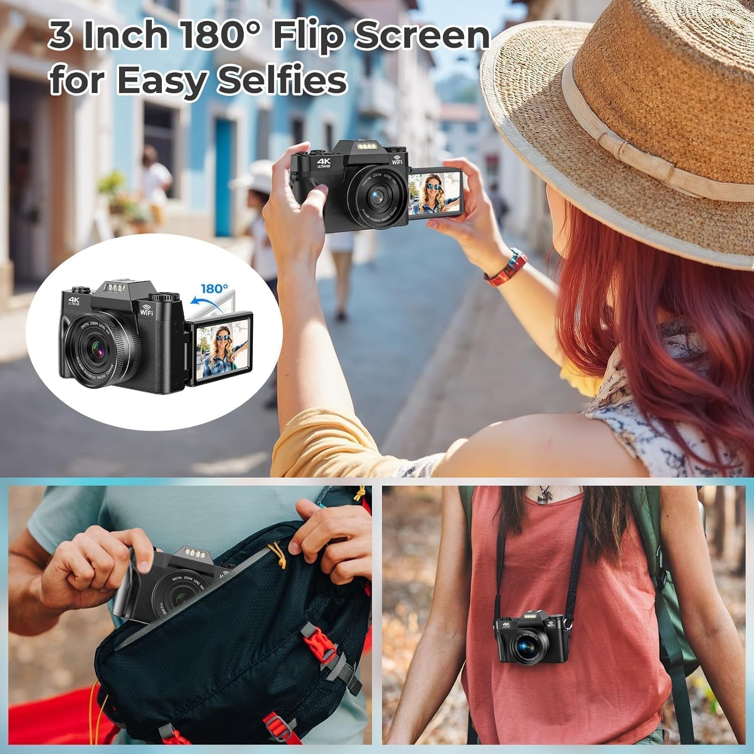 Thumbnail 3 de 4K 75MP Wi‑Fi Digital Camera for Beginners with 3-Inch Flip Screen, 32GB + Dual 1500mAh Batteries
