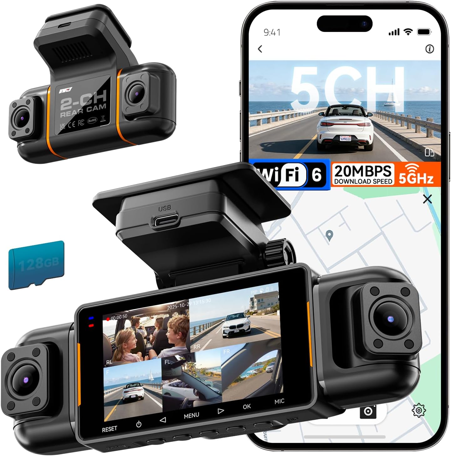Detalle de IIWEY N9 5-Channel Dash Cam with 360° View: 5.8G WiFi-6, 128GB Included, Night Vision & GPS