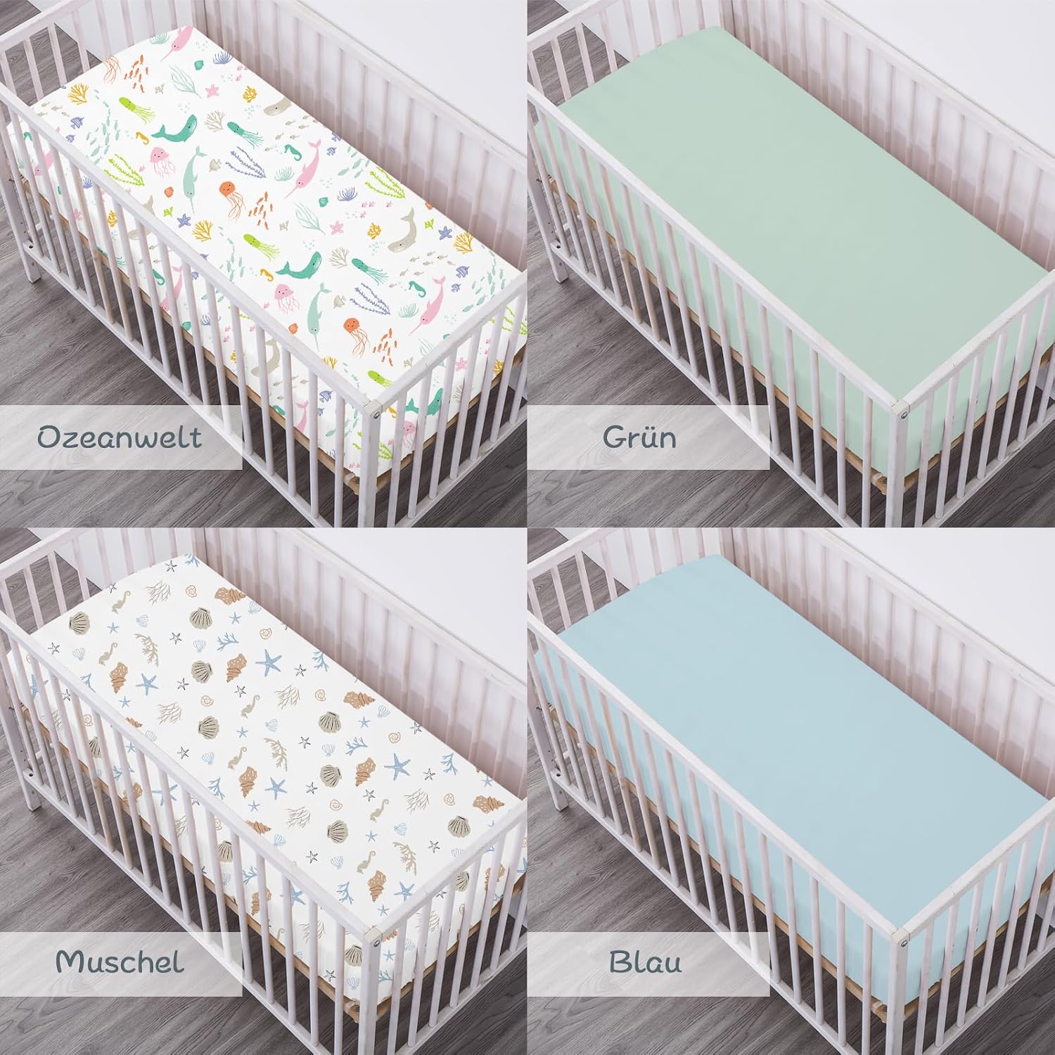 Thumbnail 6 de Little Grape Land Spannbettlaken für Baby-/Kinderbett 60x120 cm (4er Set) – atmungsaktive Mikrofaser, OEKO-TEX, Meereswelt/Muschel