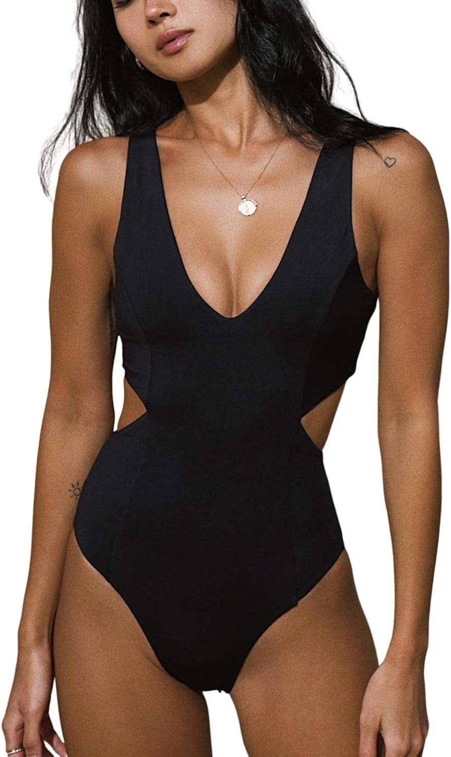 Detalle de YAKISWIIM einteiliger Damen-Badeanzug mit Cut-Out-Monokini und tiefem V-Ausschnitt