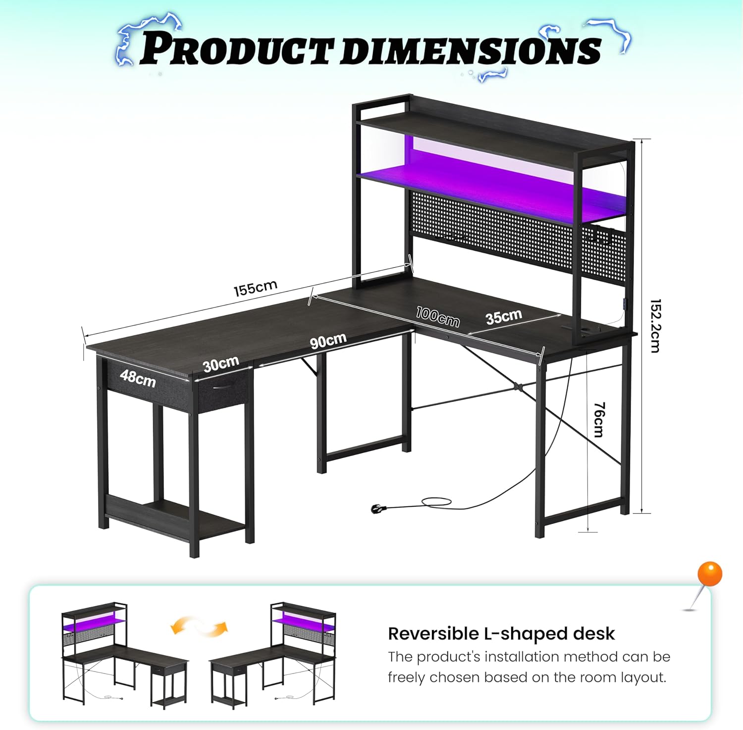 Thumbnail 2 de YOUDENOVA bureau gaming d’angle en L avec panneau perforé, étagère réversible et LED (noir)