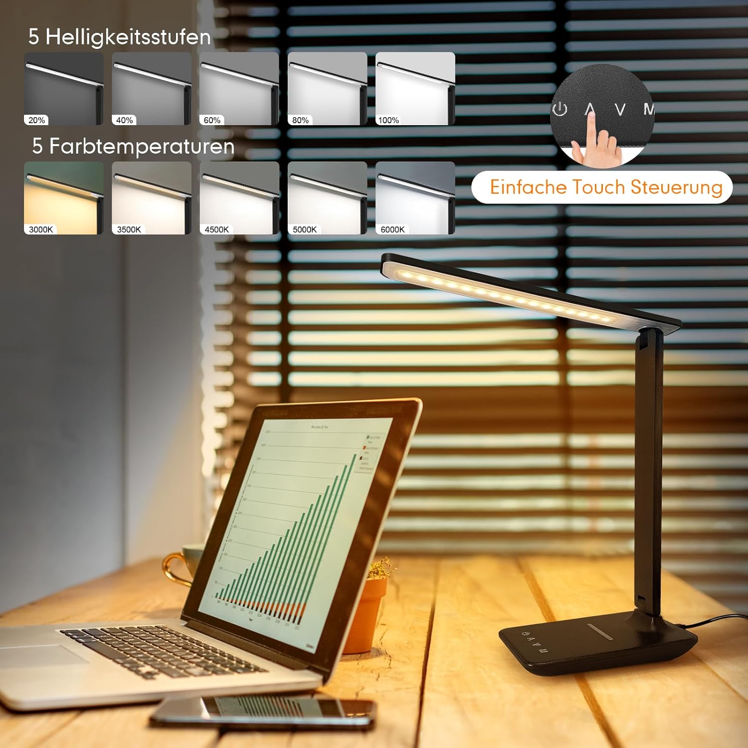 Thumbnail 1 de Jumoking Schreibtischlampe LED Dimmbar Augenschutz – 5 Farbmodi, 5 Helligkeitsstufen, USB Ladefunktion, Touchsteuerung (Black Pro)